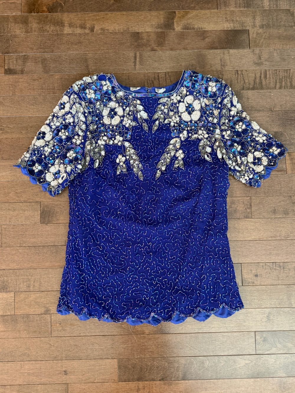 Vintage 100% Silk Beaded Floral Sequin Top - Size M